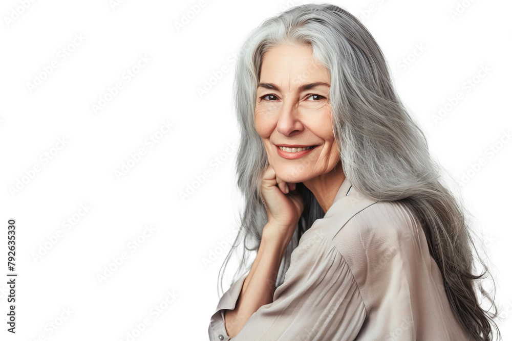 beautiful middle-aged woman with perfect skin and gray hair and smiling isolated. advertising of cosmetic products, skin care cosmetics, cosmetic procedures. mockup for design