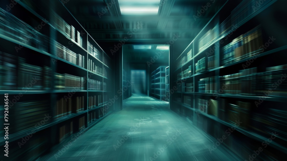 A motion-blurred view through a spooky library corridor, conveying urgency or supernatural activity.
