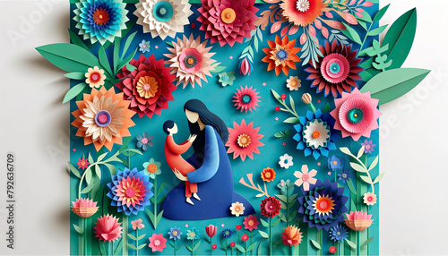 Paper art of a mother holding a child surrounded by a vibrant floral garden, celebrating motherhood and the joy of life