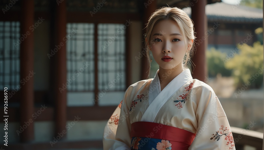 beautiful blonde young woman wearing traditional korean clothing hanbok from Generative AI