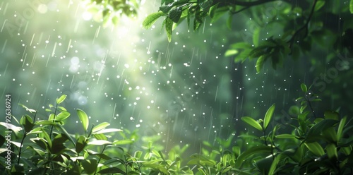 Rain drops on young plants in the forest  moss and grass  sun rays shining through trees