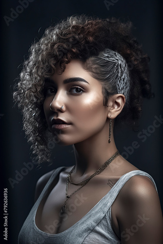 A woman with a pixie cut and a nose ring. She is wearing a necklace and earrings