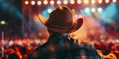 Rear view of a person wearing a cowboy hat at a live concert, crowd and stage lights in the foreground.