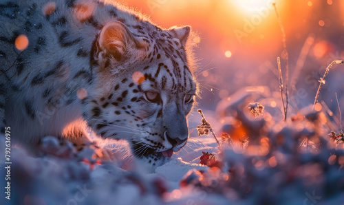 Beautiful Snow Leopard in the wilderness during golden hour