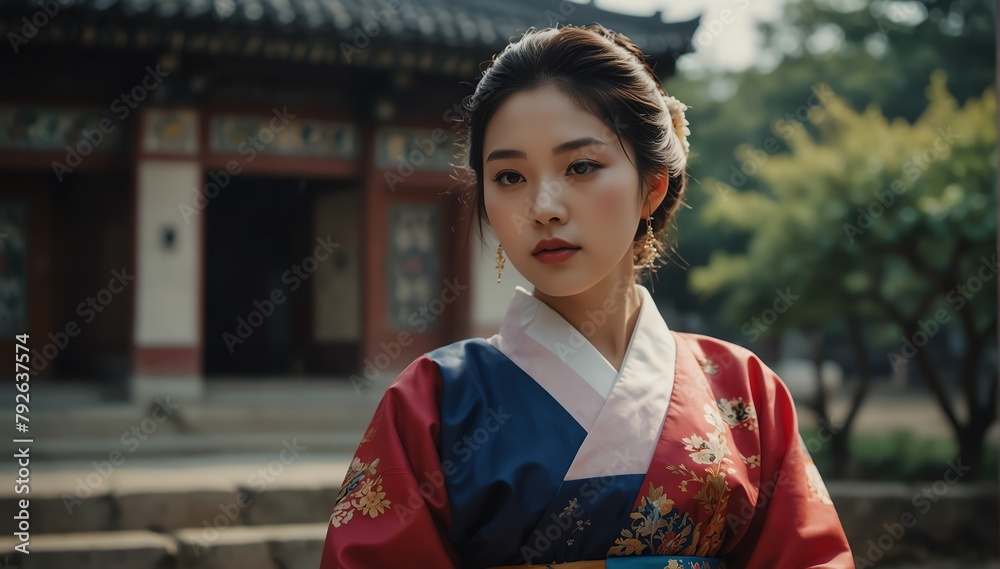 beautiful brunette young woman wearing traditional korean clothing hanbok from Generative AI