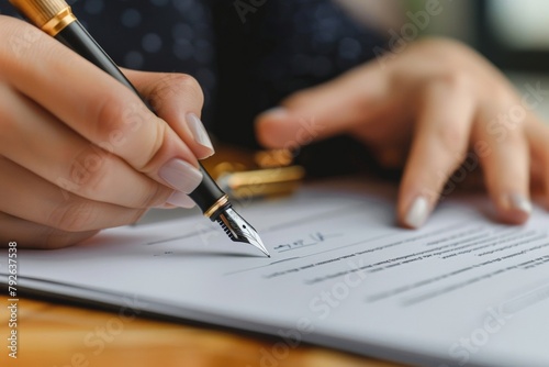 Image of a person's hand signing a contract with a fountain pen