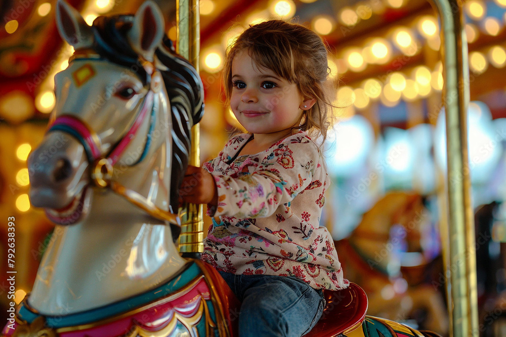 Fototapeta premium Young Girl Enjoying a Ride on a Colorful Carousel Horse