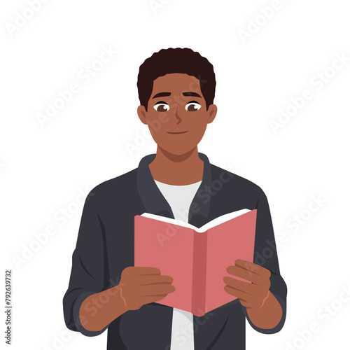 Young black man with glasses reading a book. Flat vector illustration isolated on white background
