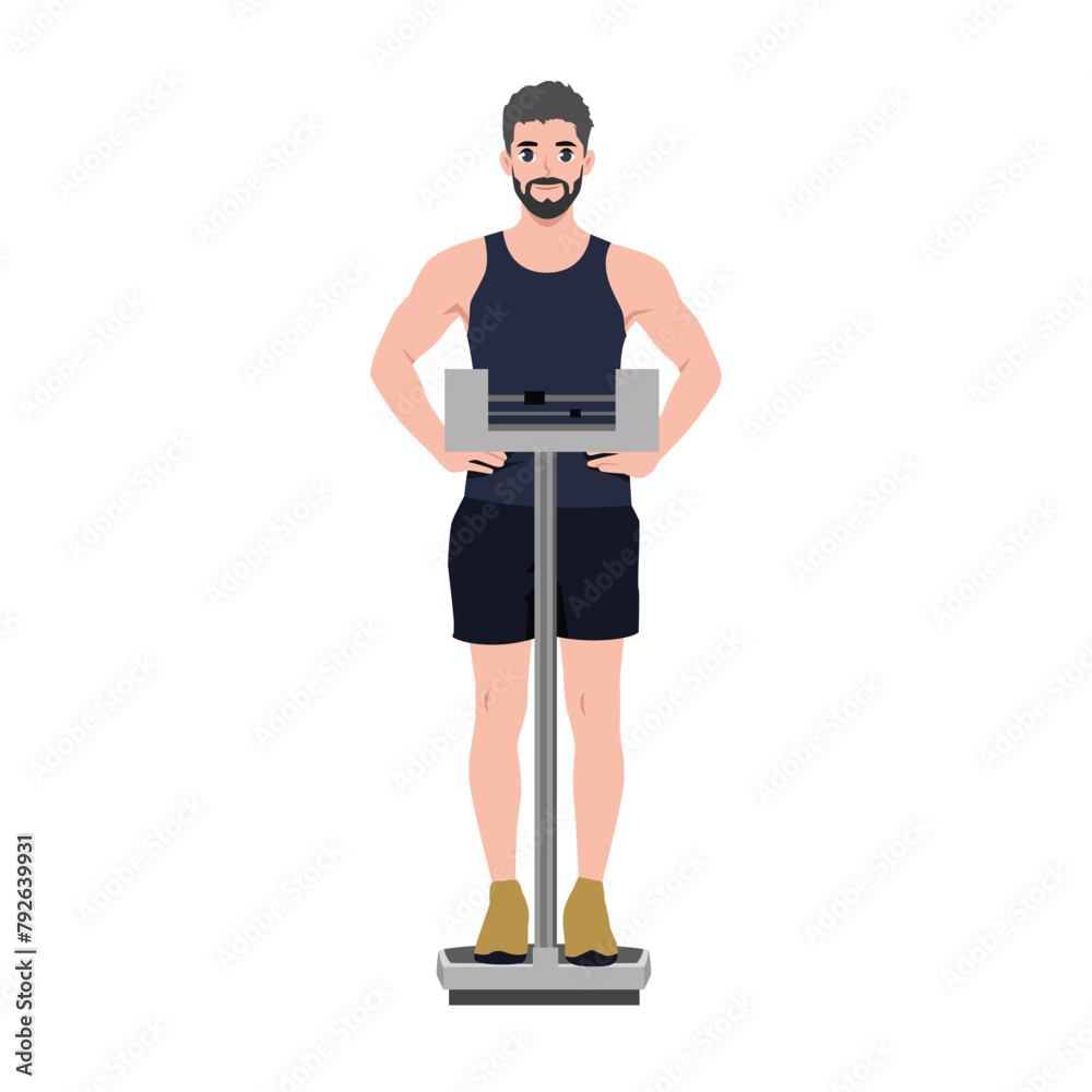 Fototapeta premium Young man checking weight on a scale. Flat vector illustration isolated on white background