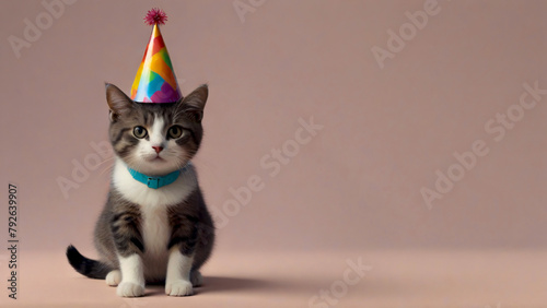 cat wearing a celebration hat, copy space, minimal