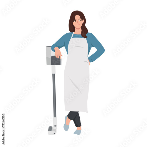 Young caucasian woman with a vacuum cleaner. Flat vector illustration isolated on white background