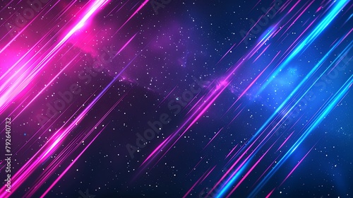 Abstract background with neon blue and pink light streaks on dark night sky