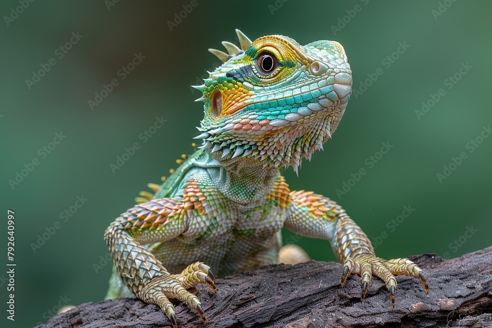 Obraz premium Australian Water Dragon: Perched on a branch overlooking water, capturing its arboreal lifestyle.
