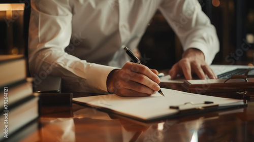 Signing document in office desk, lawyer signing legal papers, close up portrait of young man wearing white business shirt and holding pen