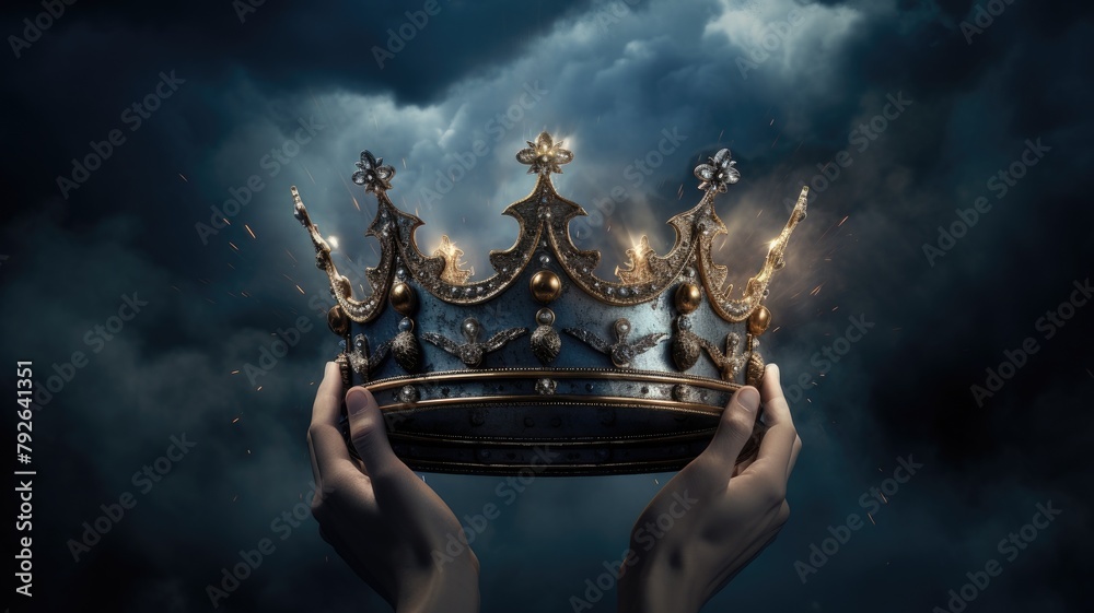 Naklejka premium mysteriousand magical image of woman's hand holding a gold crown over gothic black background. Medieval period concept