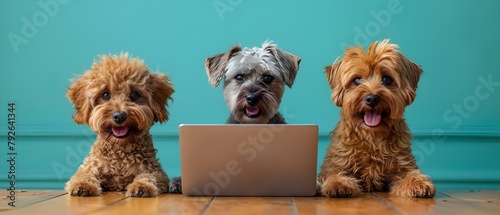 Dogs using laptop for online conference featuring labradoodle and boxer breeds. Concept Dogs, Laptop, Online Conference, Labradoodle, Boxer