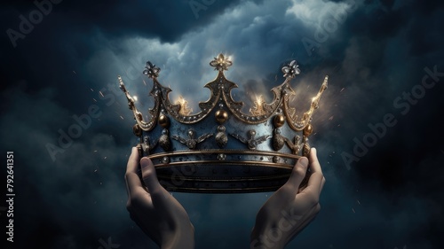 mysteriousand magical image of woman's hand holding a gold crown over gothic black background. Medieval period concept