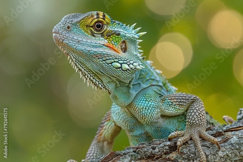 Australian Water Dragon: Perched on a branch overlooking water, capturing its arboreal lifestyle. © Nico