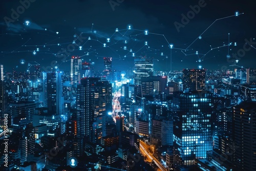 Panoramic aerial view on city skyline with smart services and icons  internet of things  network and augmented reality concept  night scene with generative ai