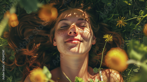woman lies on a meadow with her eyes closed and enjoys the moment