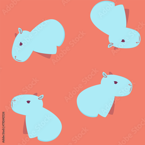 Minimalist pattern depicting simple blue capybaras on a reddish background