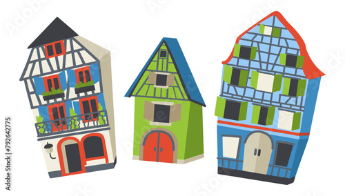 Alsace traditional houses. France. Colorful houses of old town. Vector isolated illustration.