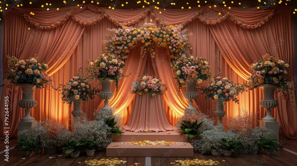 Wedding stage podium adorned with delicate floral arrangements, cascading ribbons, and twinkling fairy lights, creating a romantic and enchanting ambiance.