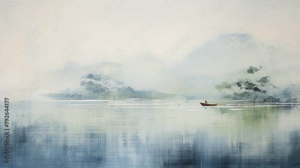 small lonely fishing boat on the water, artwork in white and blue tones impressionism, background copy space