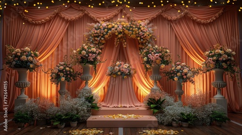 Wedding stage podium adorned with delicate floral arrangements, cascading ribbons, and twinkling fairy lights, creating a romantic and enchanting ambiance.