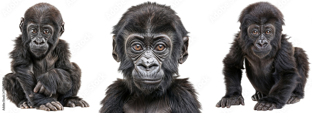 Gorilla baby collection, sitting and portrait, isolated on a transparent background