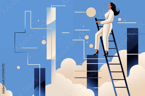 Business graphic vector modern style illustration of a business woman climbing a ladder representing career progression breaking glass ceiling working up through company achieving success reaching