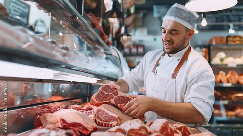 A butcher with a pile of meat. photo