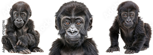 Gorilla baby collection, sitting and portrait, isolated on a transparent background