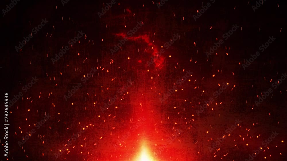 Abstract isolated fiery glowing particles on a black background fly up ...