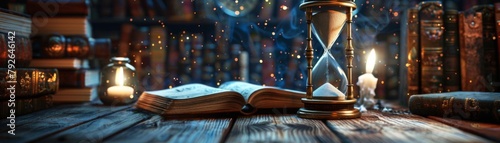 A mystical hourglass with sands that shimmer like the night sky, positioned on a dark wooden table surrounded by old tomes and candlelight, representing the passing of time and predestined paths photo