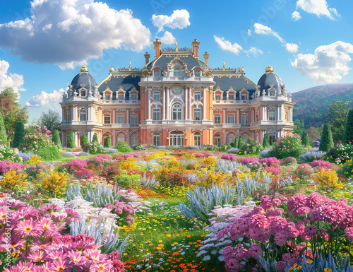 A grand, ornate mansion surrounded by colorful flower gardens under the bright blue sky. The garden was filled with vibrant flowers in various colors and shapes. Created with Ai photo