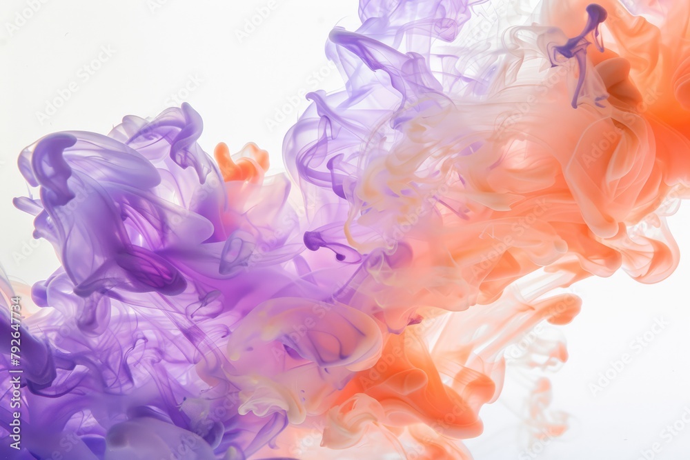 An abstract fluid art piece with dynamic swirls of orange and purple ink merging in water. High quality illustration