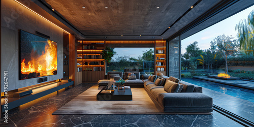Modern interior design  living room with fireplace and swimming pool in the background  grey marble floor  dark gray concrete ceiling. Created with Ai