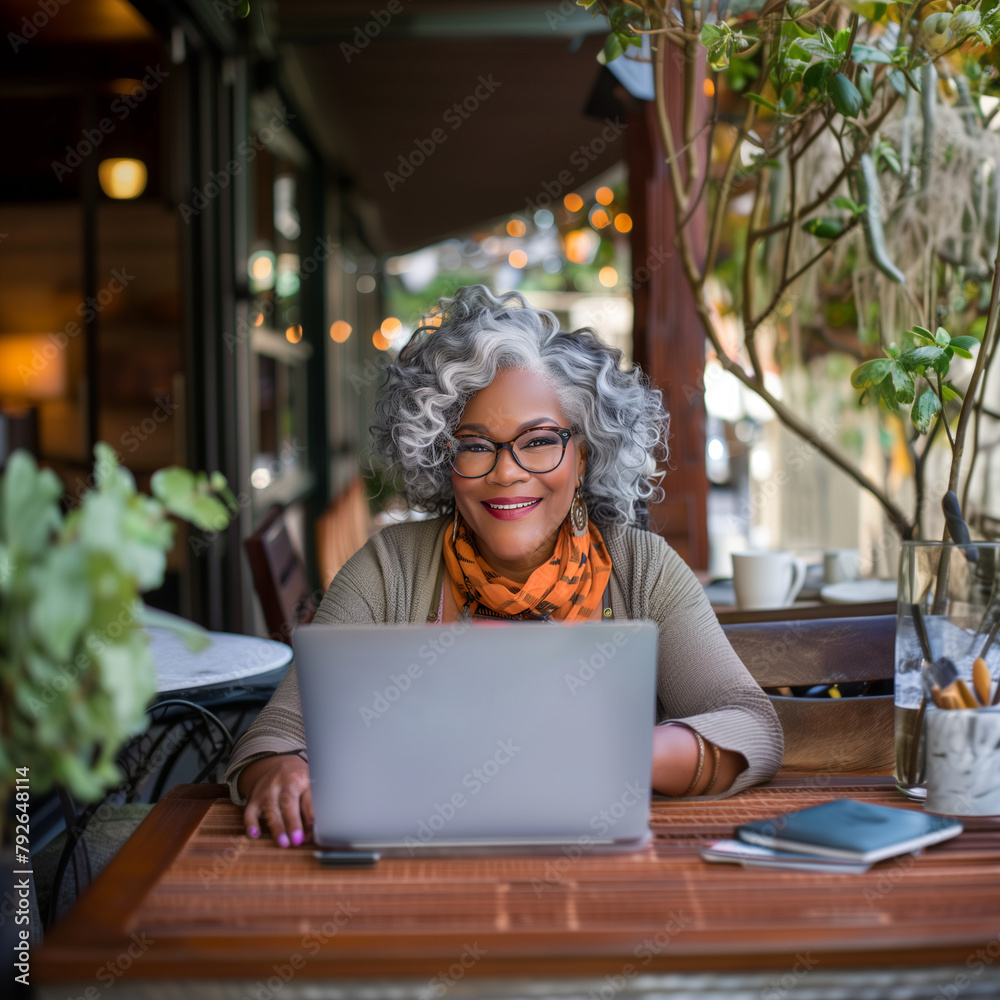 African American businesswoman teleworking with her laptop from a coffee shop. Generative AI African American businesswoman teleworking with her laptop from a coffee shop. Generative AI