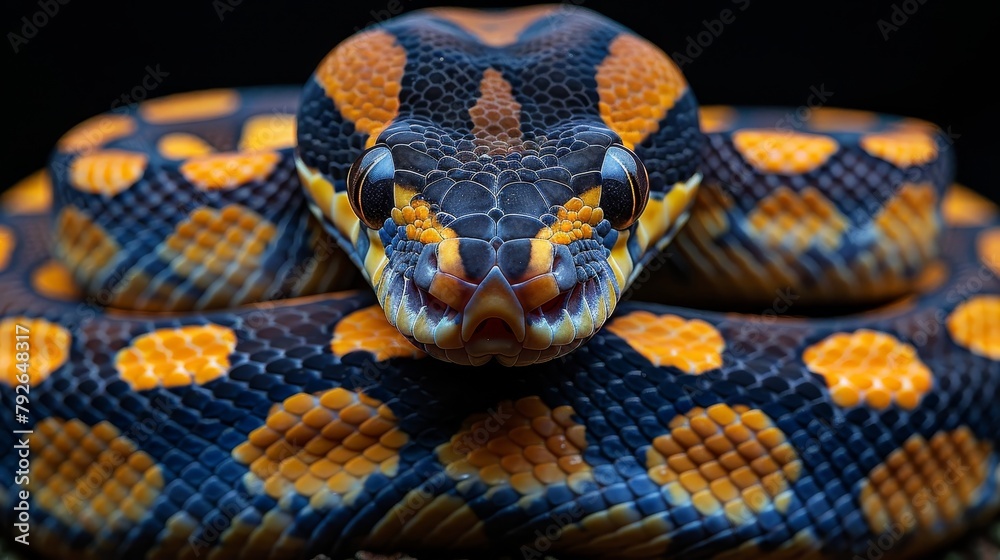 Ball Python: Curled up in a symmetrical coil, showcasing its intricate pattern. Ball Python: Curled up in a symmetrical coil, showcasing its intricate pattern.