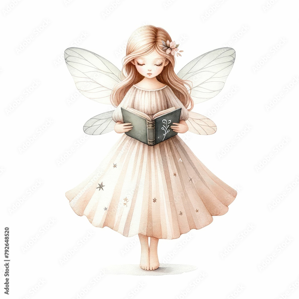 Fairy with a book of spells. watercolor illustration, Perfect for nursery art, simple clipart, Cute Fairy watercolor illustration Clipart. Fairy with a book of spells. watercolor illustration, Perfect for nursery art, simple clipart, Cute Fairy watercolor illustration Clipart.