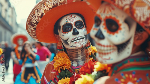 A joyous Day of the Dead street procession with traditional music and dancing. photo