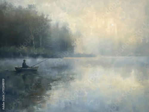 A serene early morning scene on a misty lake, with a lone fisherman in a small boat casting his line into the calm waters, capturing the peaceful solitude of fishing