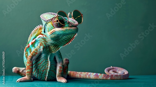 Vibrant Chameleon Poses on Green Background, Exemplifying Camouflage and Wildlife. Stunning Reptilian Creature with Colorful Scales. Perfect for Educational Content. AI