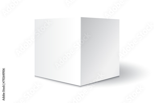 Blank white paper or cardboard square box mockup template. Isolated on white background with shadow. Ready to use for your business. Vector illustration.