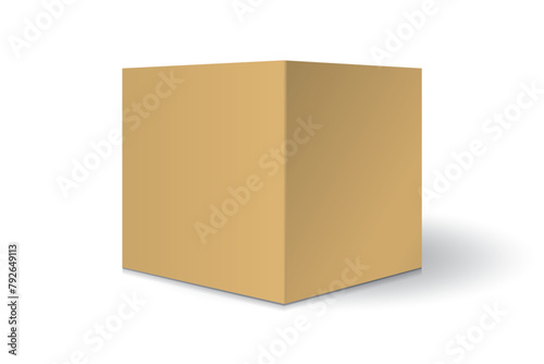 Blank brown kraft paper or cardboard square box mockup template. Isolated on white background with shadow. Ready to use for your business. Vector illustration.