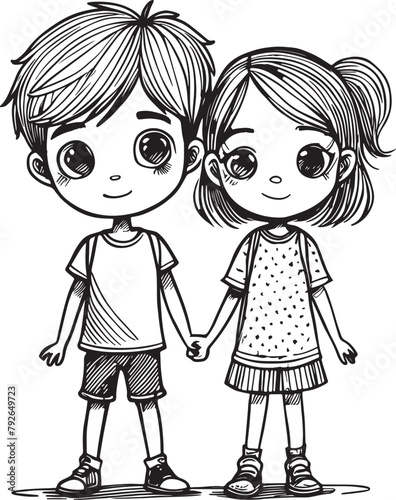 A boy and girl are holding hands in a black and white drawing