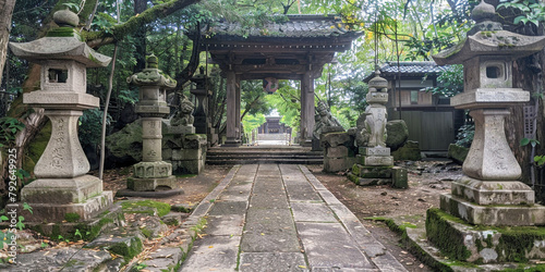 japanese toro stone lantern at shrine entrance. photo