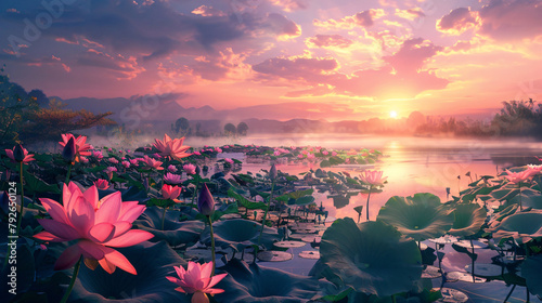 Lotus pond in the morning on the sunset.