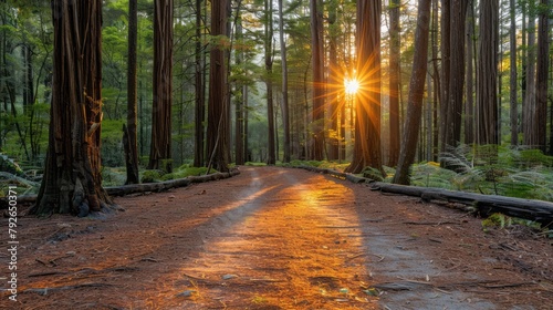 Sunbeams illuminate the path through a towering redwood forest in Rotorua.